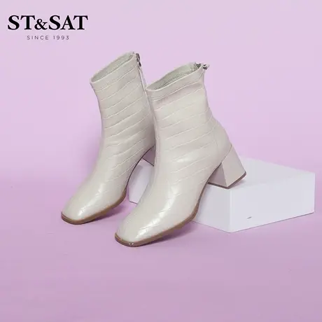 星期六白色靴子冬季新款女靴方头粗高跟瘦瘦靴皮靴SS24116079图片